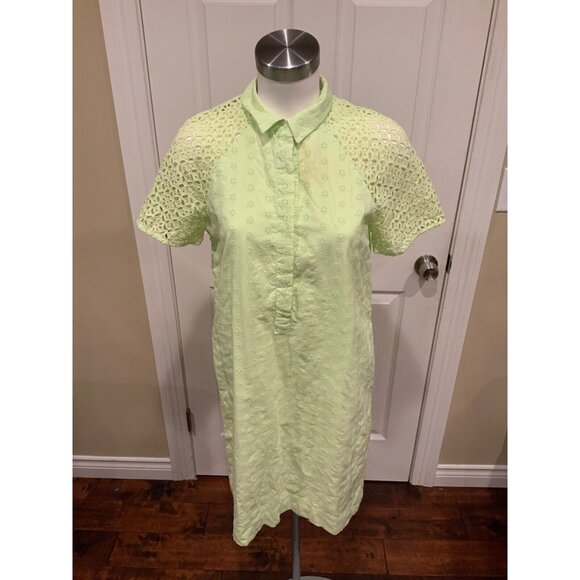 J. Crew Light Lime Green Floral Eyelet Collared Button-Up Shirt Dress, Size 6 US - Picture 1 of 6